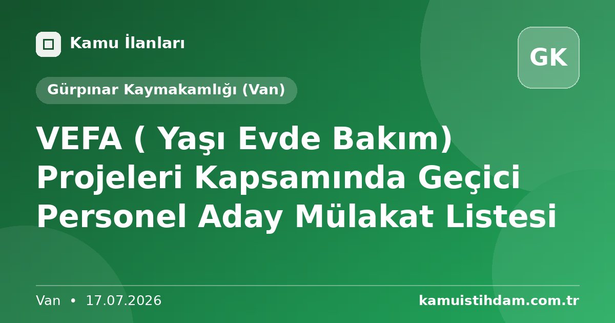 VEFA ( Yaşı Evde Bakım) Projeleri Kapsamında Geçici Personel Aday Mülakat Listesi - Gürpınar Kaymakamlığı (Van)