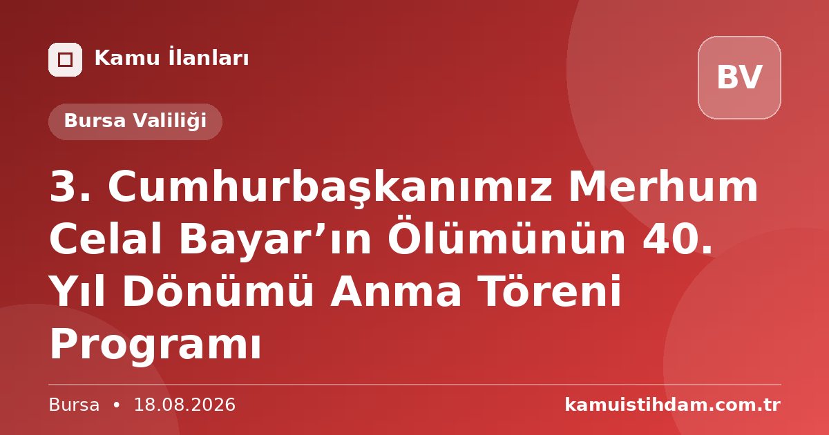 3. Cumhurbaşkanımız Merhum Celal Bayar’ın Ölümünün 40. Yıl Dönümü Anma Töreni Programı - Bursa Valiliği
