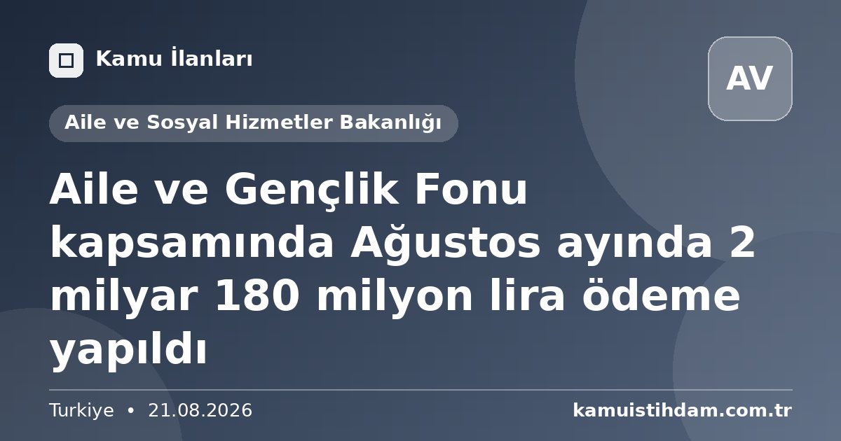 Aile ve Gençlik Fonu kapsamında Ağustos ayında 2 milyar 180 milyon lira ödeme yapıldı - Aile ve Sosyal Hizmetler Bakanlığı