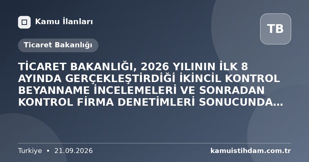 TİCARET BAKANLIĞI, 2026 YILININ İLK 8 AYINDA GERÇEKLEŞTİRDİĞİ İKİNCİL KONTROL BEYANNAME İNCELEMELERİ VE SONRADAN KONTROL FİRMA DENETİMLERİ SONUCUNDA GEÇEN YILA GÖRE %32 ARTIŞLA TOPLAM 10,1 MİLYAR TL EK TAHAKKUK VE CEZA KARARI DÜZENLEYEREK, DÜRÜST TİCARET ERBABININ HAKKINI KORUMAYA DEVAM ETTİ - Ticaret Bakanlığı