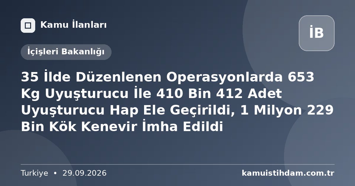 35 İlde Düzenlenen Operasyonlarda 653 Kg Uyuşturucu İle 410 Bin 412 Adet Uyuşturucu Hap Ele Geçirildi, 1 Milyon 229 Bin Kök Kenevir İmha Edildi - İçişleri Bakanlığı