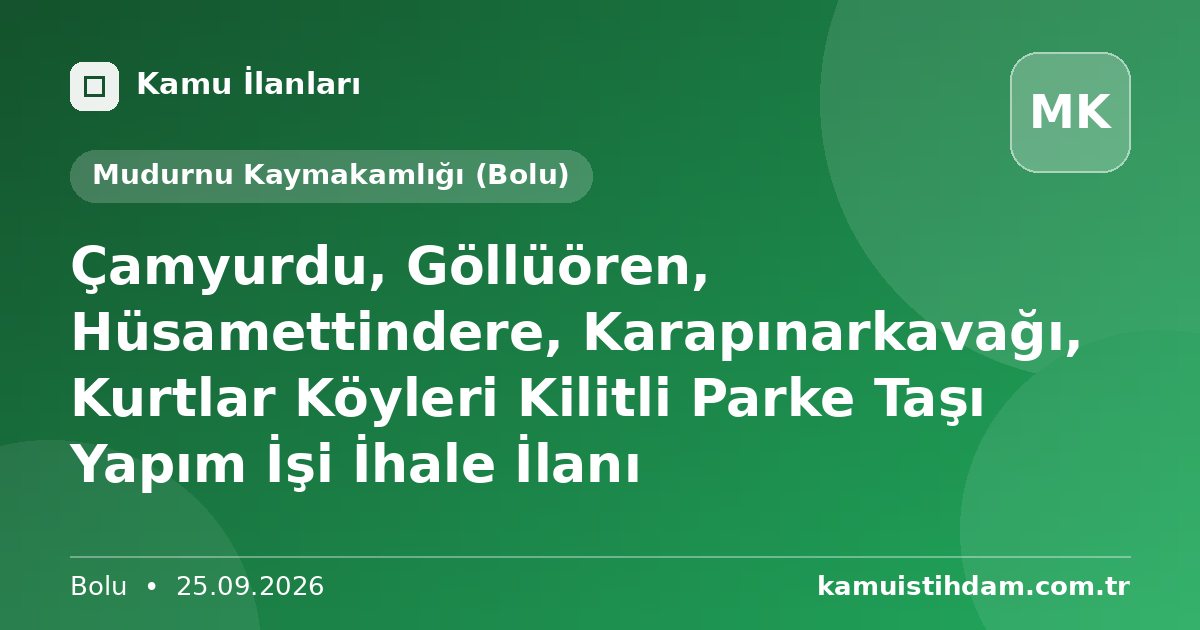 Çamyurdu, Göllüören, Hüsamettindere, Karapınarkavağı, Kurtlar Köyleri Kilitli Parke Taşı Yapım İşi İhale İlanı - Mudurnu Kaymakamlığı (Bolu)